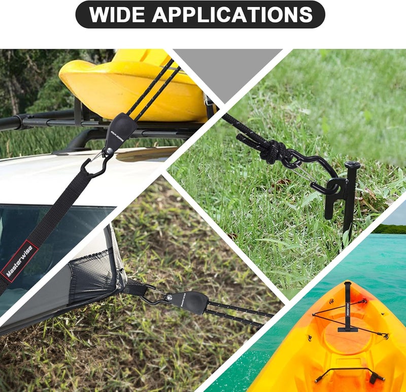 Masterwise 2 PCS Kayak Tie Down Straps with Reflective Stripe & 2 PCS Quick Hood Loops, Rope Tie Down Ratchet Straps Canoe Bow and Stern Rope Hanger Kayak and Canoe Accessories, Black - Image 4